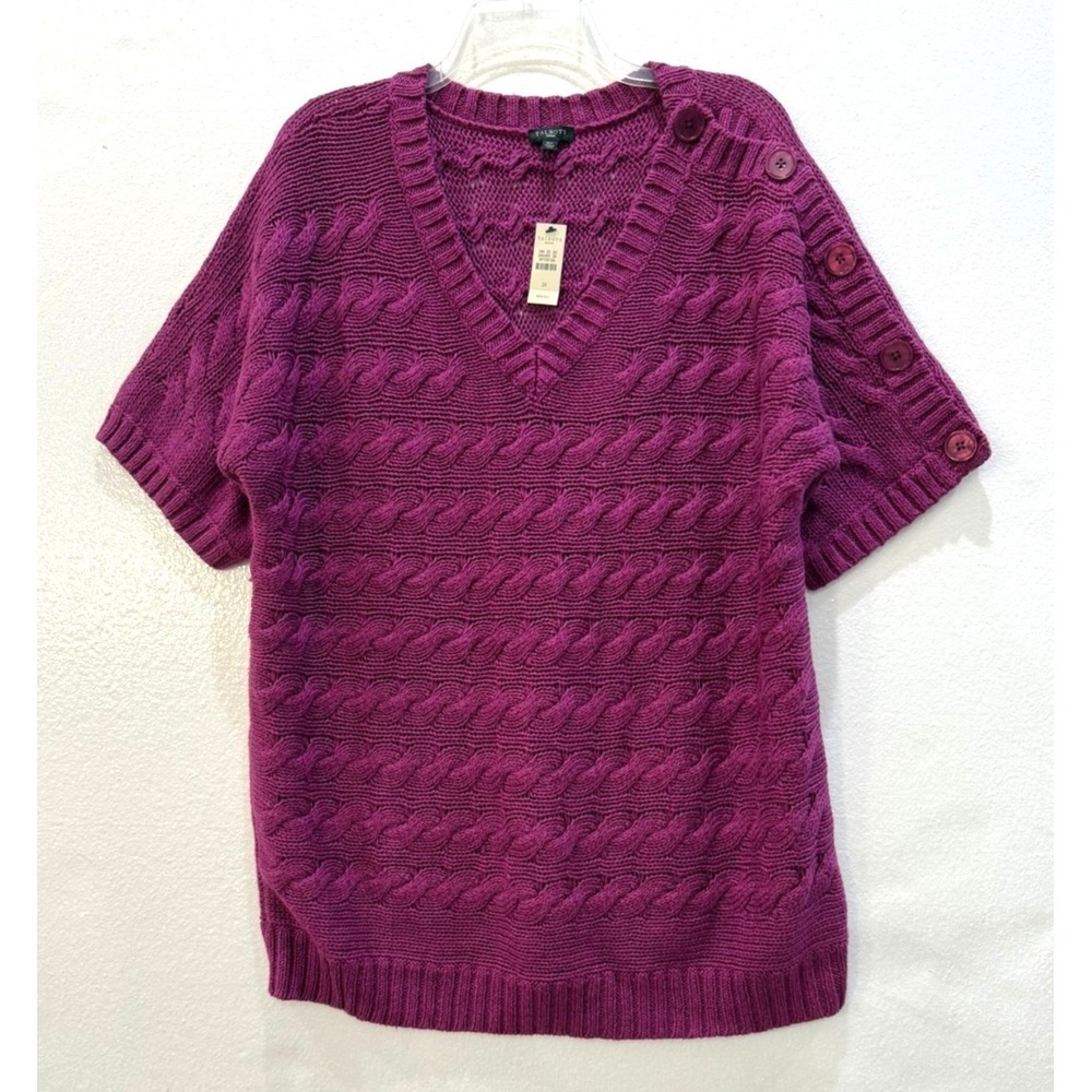 Talbots Cable Knit Short Sleeve V-Neck Sweater in Plum